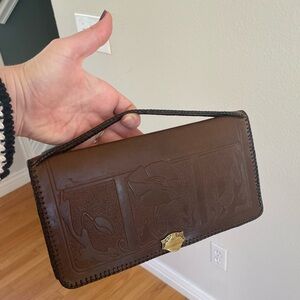 Art nouveau vintage clutch handbag, brown leather with floral embossing